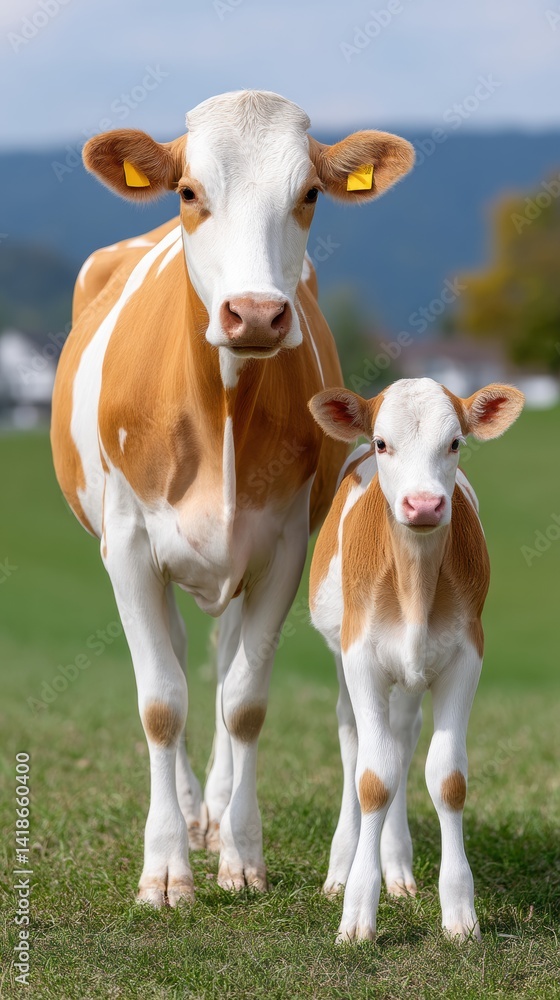 Mother and Calf Brown Cow on Green Grass Under Blue Sky Mother and Calf Brown Cow on Green Grass Under Blue Sky