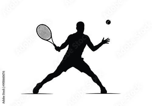 Silhouette of tennis player. This image shows a black silhouette of a tennis player in action, holding a racket and preparing to hit a ball during a match. Vector clipart illustration design.