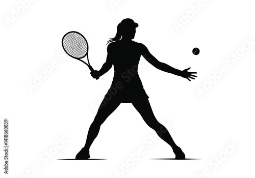 Female tennis player silhouette. This image depicts a silhouette of a female tennis athlete holding a racket, preparing to strike the ball during a match. Vector clipart illustration design.