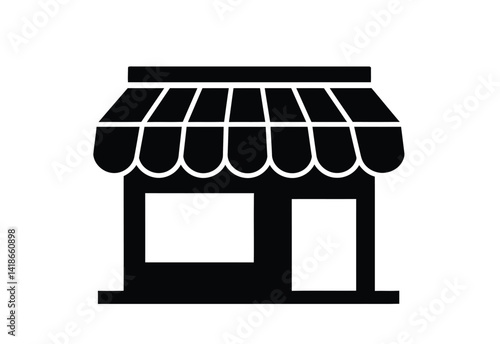 Store silhouette. This image shows a black silhouette of a shop with a striped awning, rectangular windows, and a door, representing a commercial storefront. Vector clipart illustration design.