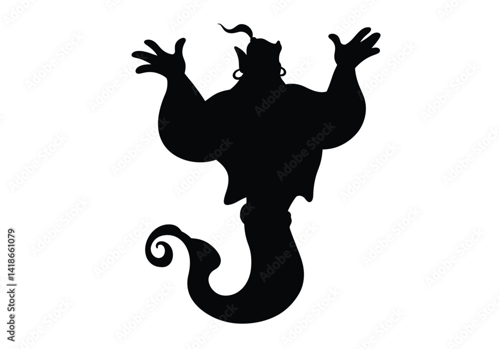 custom made wallpaper toronto digitalAladdin genie silhouette. A black silhouette image of a genie with raised arms, muscular build, a swirling tail, representing a mythical and magical character. Vector clipart illustration design.