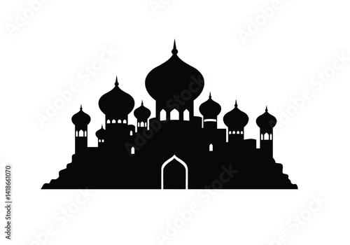 Aladdin castle silhouette. This image depicts a silhouette of a grand Arabian palace with intricate domes and towers, resembling a fairy tale castle. Vector clipart illustration design.