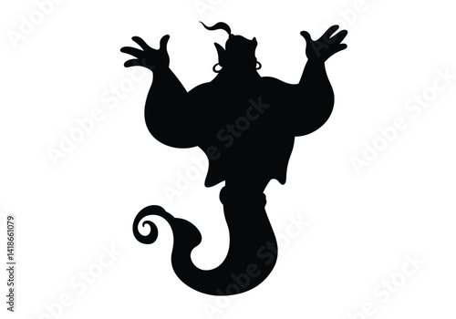 Wallpaper Mural Aladdin genie silhouette. A black silhouette image of a genie with raised arms, muscular build, a swirling tail, representing a mythical and magical character. Vector clipart illustration design. Torontodigital.ca