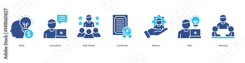 Mentorship icon sheet vector ideas, consultant, role model, certificate, mentor, idea, meeting
