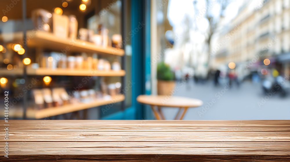 Empty wooden table to display products, front of blurred parisian coffee background, beautiful store packshot Empty wooden table to display products, front of blurred parisian coffee background, beautiful store packshot