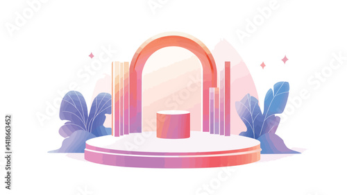 A digitally rendered 3D illustration featuring a minimalist product display podium.  The composition is centered around a tiered, circular podium in soft pastel pink and coral hues