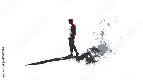 The image presents a minimalist composition featuring a dark silhouette of a man walking away from the viewer