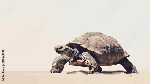 A detailed close-up shot of a tortoise in motion against a minimalist off-white background. The tortoise is sharply in focus, showcasing its textured shell with subtle variations in tone