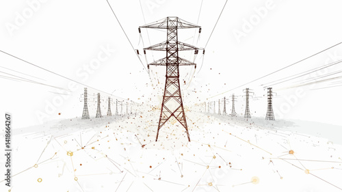 The image presents a stark, minimalist view of a power line pylon centrally positioned within a converging corridor of equally spaced vertical supports