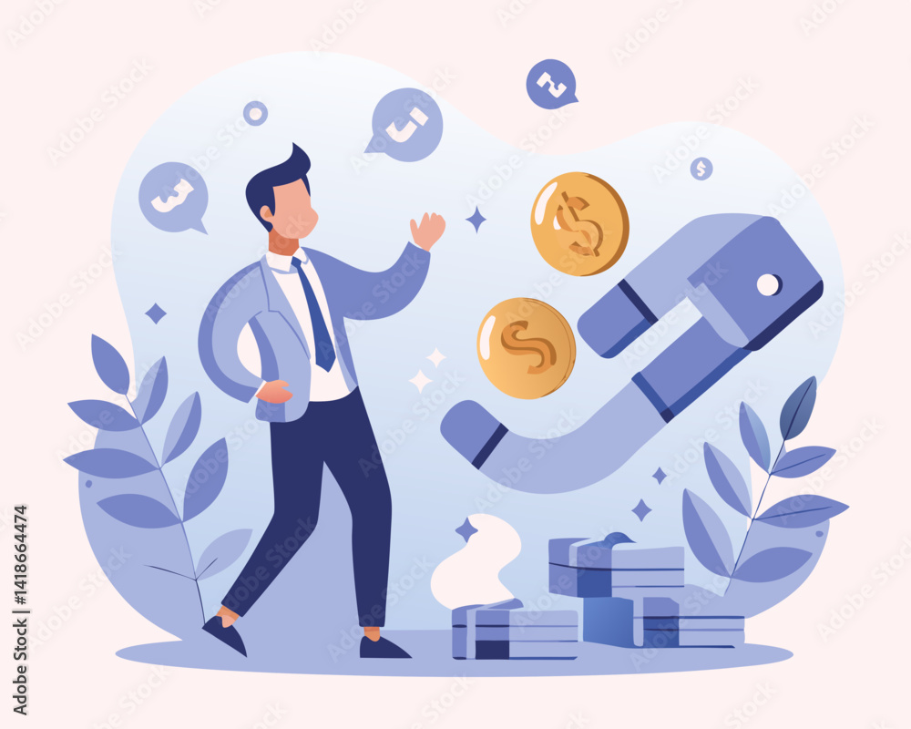Customer acquisition cost, CAC, advertising cost for lead generation, marketing expense or spending on customer retention, optimize conversion rate concept, businessman with magnet on dollar cost Customer acquisition cost, CAC, advertising cost for lead generation, marketing expense or spending on customer retention, optimize conversion rate concept, businessman with magnet on dollar cost