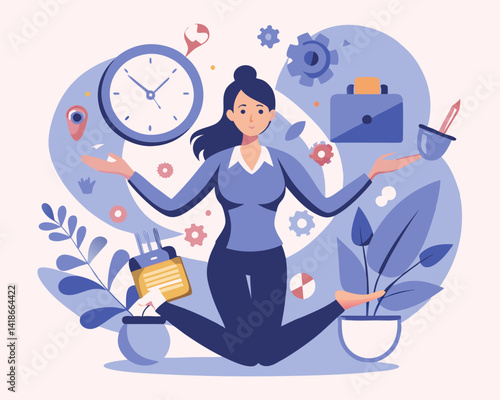 Productive woman, multitasking or time management professional, productivity or entrepreneurship, work efficiency or organize schedule, productive businessman woman balance on clock managing tasks

