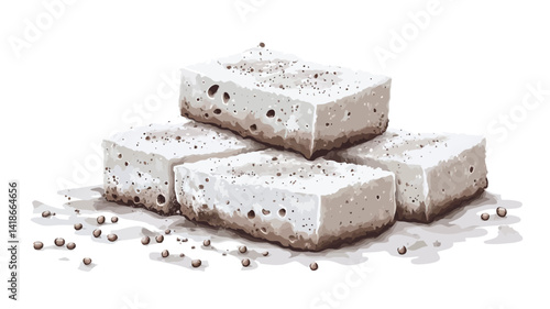 A high-angle, close-up shot depicts four rectangular dessert squares stacked in a slightly offset pyramid formation against a stark white background