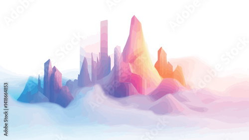 The image presents a digitally rendered, abstract cityscape composed of low-poly, crystalline structures.  These structures exhibit a soft