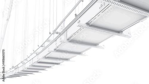 High-angle, close-up view of a stylized, wireframe rendering of a suspension bridge's underside.  The image features a series of rectangular panels connected by a network of fine
