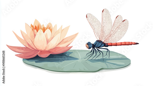 Detailed close-up illustration of a dragonfly perched on a water lily pad. The dragonfly's translucent wings exhibit a gradient of pale pink and orange hues
