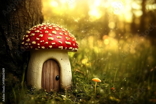 Enchanted mushroom house nestled in a sunlit forest.