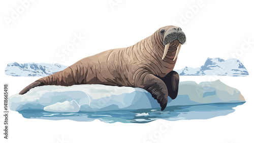 A digitally rendered illustration showcases a walrus, prominently featured, resting on a small ice floe.  The walrus is depicted in a three-quarter view, its textured