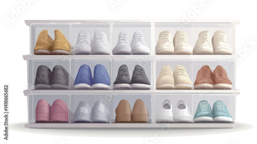 A high-angle, full shot depicts a stackable, clear plastic shoe storage unit containing various pairs of shoes.  The unit is composed of three tiers, each with multiple compartments displaying