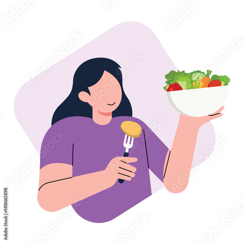Healthy Lifestyle by Consuming vegetables. woman holding a bowl of vegetables for a healthy and balanced diet. vector illustration