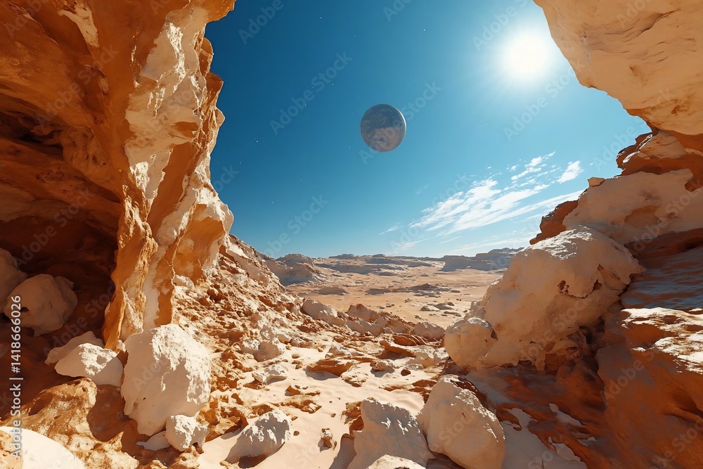 An extraterrestrial landscape with a hovering sphere and a rocky foreground. Bright sunlight illuminates the scene of a desert environment. Beige and blue colors create a surreal atmosphere