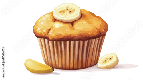 A digitally painted, close-up image showcases a single banana nut muffin, rendered with hyperrealistic detail. The muffin's texture is depicted with subtle variations in tone and hue