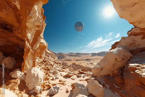 Obraz na płótnie An extraterrestrial landscape with a hovering sphere and a rocky foreground. Bright sunlight illuminates the scene of a desert environment. Beige and blue colors create a surreal atmosphere w salonie