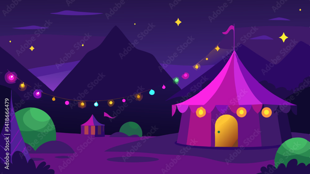 Fototapeta premium Glowing Tents in a Magical Night Scene with Fairy Lights