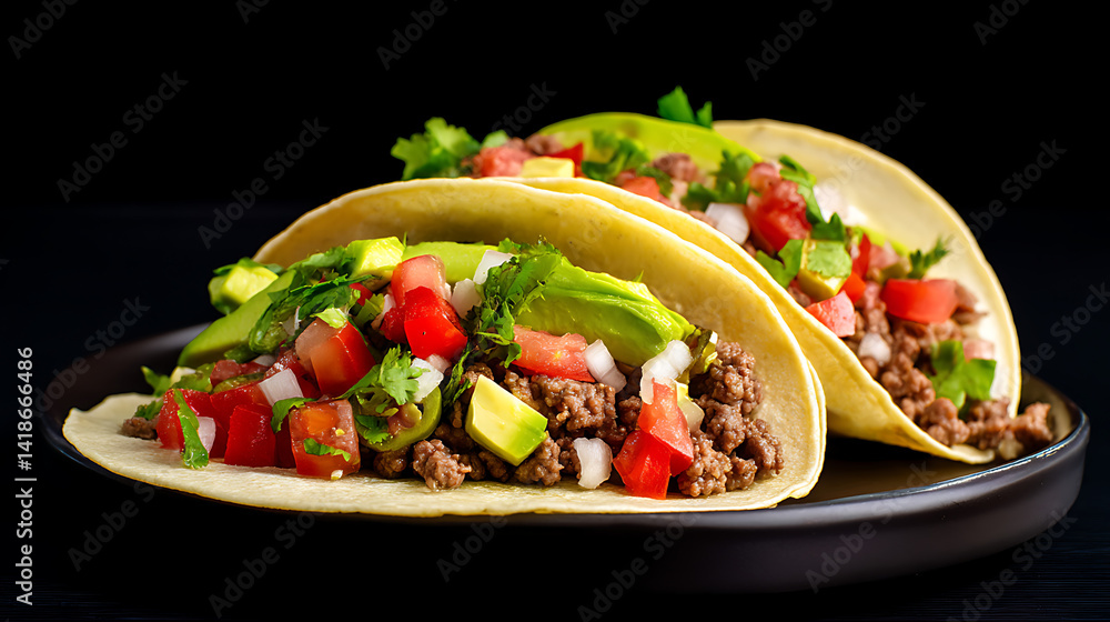 Mexican tacos with beef, tomatoes, avocado, chilli and onions isolated on black background Mexican tacos with beef, tomatoes, avocado, chilli and onions isolated on black background