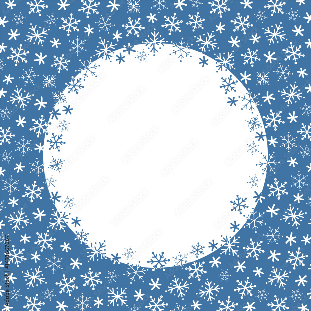 Fototapeta premium Snowflake Round Frame. Beautiful Winter Holiday Background. Christmas Greeting Card Template. Invitation. Free Space for Your Text. Vector Illustration in Blue, White.