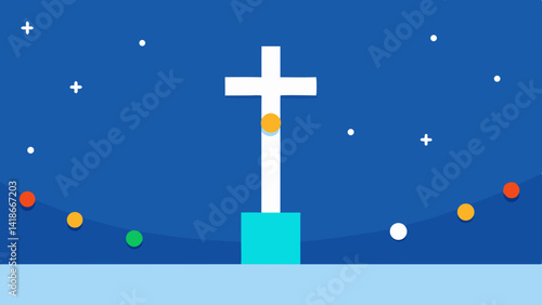 Background with Cross Snow and Christmas Lights Scene