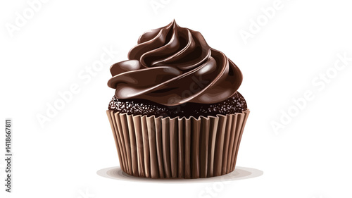 A high-resolution close-up image showcases a single chocolate cupcake against a stark white background.  The cupcake features a deeply saturated, dark brown chocolate cake base