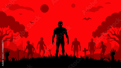 bloody Halloween background with zombies and red moon eerie atmosphere