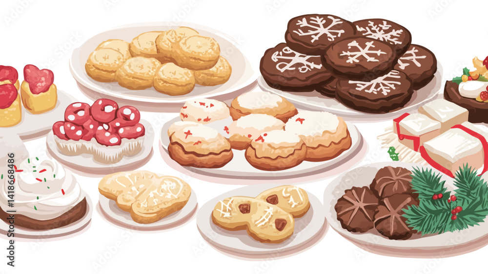 A digitally rendered illustration showcases a vibrant array of Christmas cookies and festive treats meticulously arranged on several small plates against a stark white background. A digitally rendered illustration showcases a vibrant array of Christmas cookies and festive treats meticulously arranged on several small plates against a stark white background.