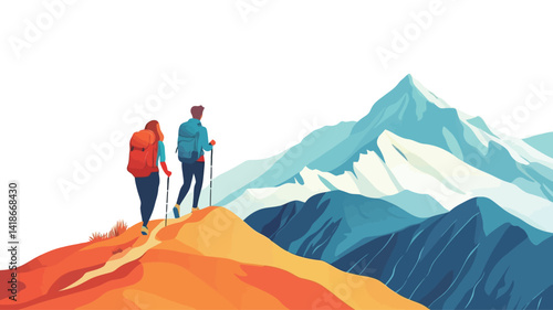A stylized vector illustration depicts two hikers, a male and a female, standing on a vibrant orange mountain peak.  They carry backpacks and trekking poles