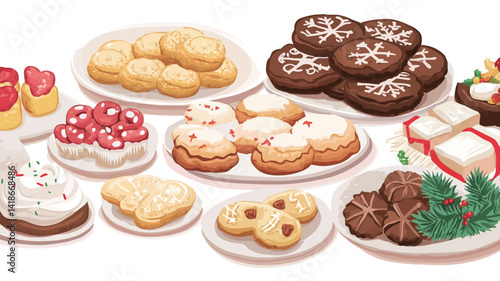 A digitally rendered illustration showcases a vibrant array of Christmas cookies and festive treats meticulously arranged on several small plates against a stark white background.