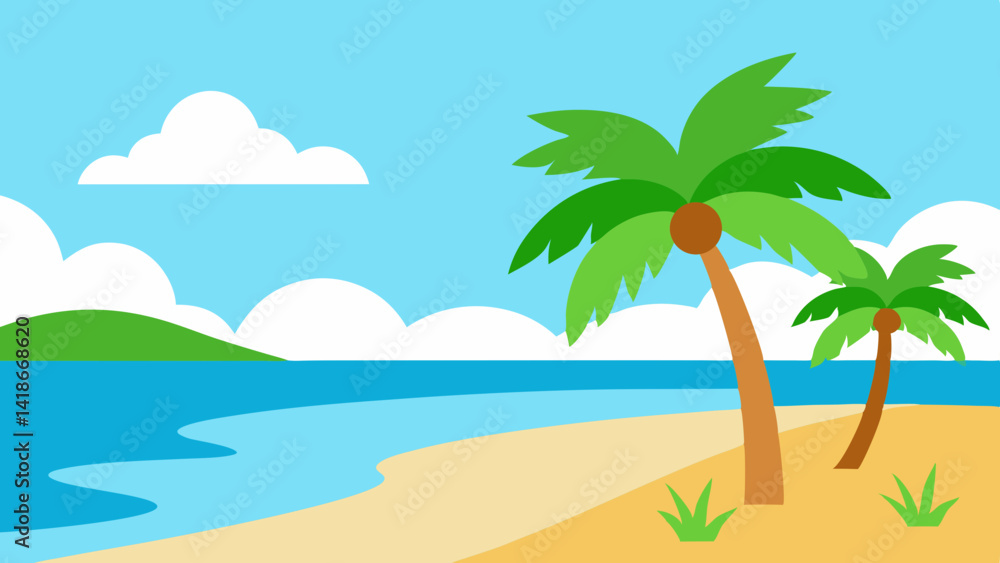 Fototapeta premium Cartoon Beach with Palm Trees and Sea Design