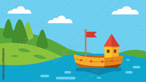 Cartoon Boat Sailing in River Illustration