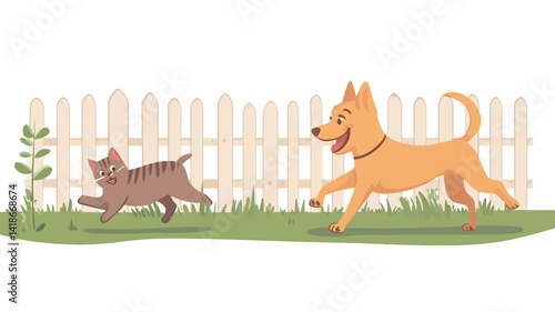 A vector illustration depicting a playful scene of a light brown dog and a tabby cat running in a garden. The dog, rendered in a cheerful, cartoonish style with exaggerated features
