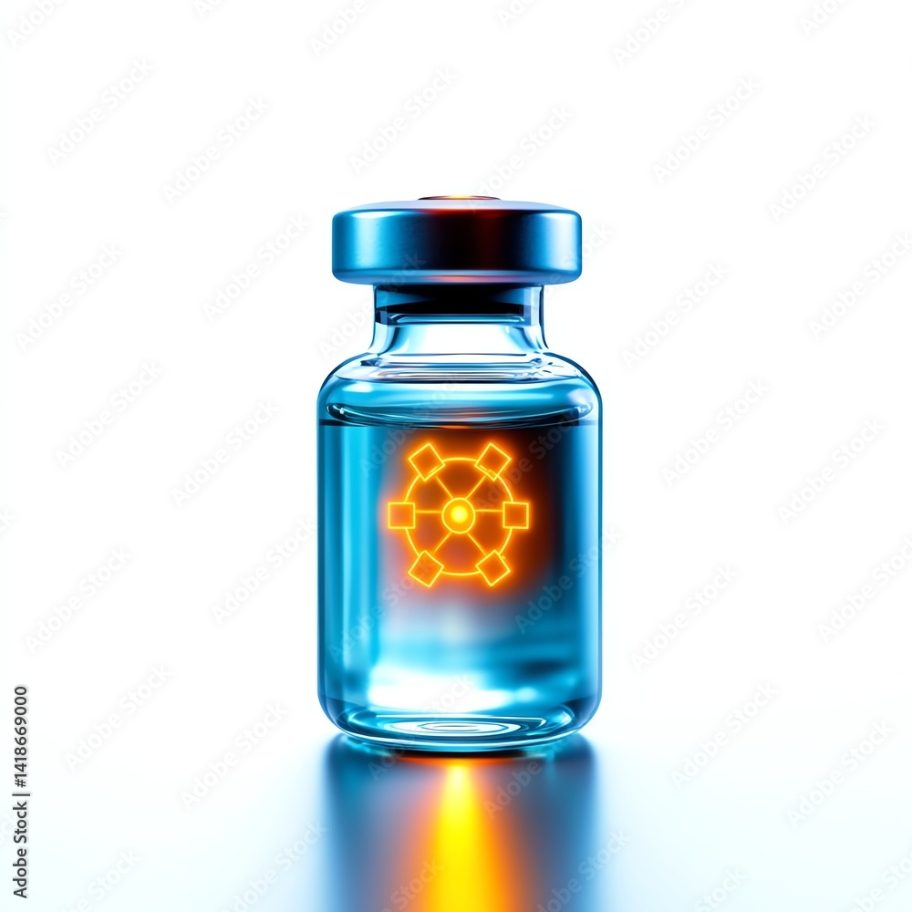 Vial with glowing liquid and symbols, representing medicine or science. Vial with glowing liquid and symbols, representing medicine or science.