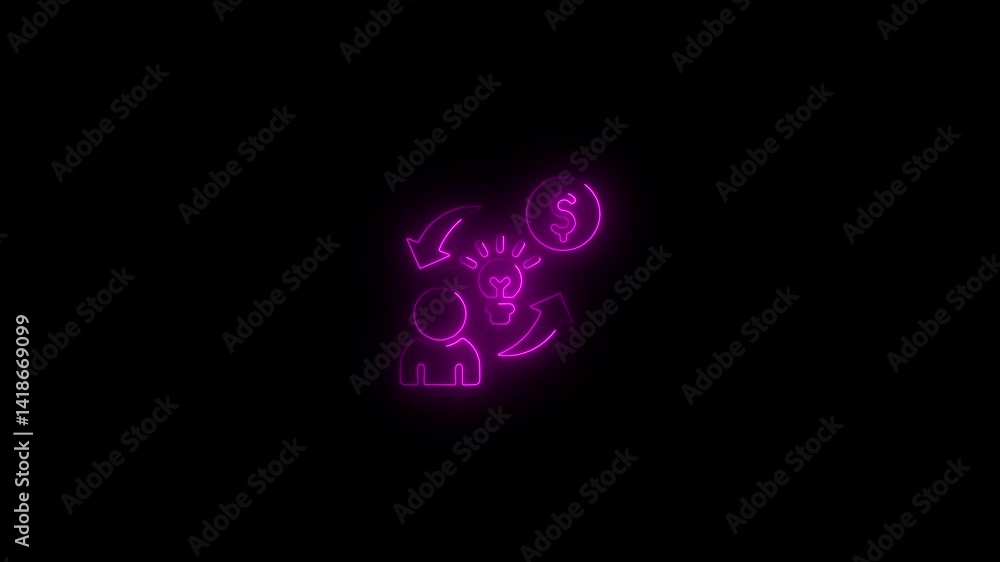 Glowing Neon self-fulfillment icon.man with arrow and dollar with blub icon animation on a dark Background Glowing Neon self-fulfillment icon.man with arrow and dollar with blub icon animation on a dark Background
