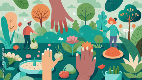 Obraz na płótnie A tactile garden filled with plants and flowers of varying textures inviting individuals to touch and interact with nature for a theutic experience.. Vector illustration w salonie