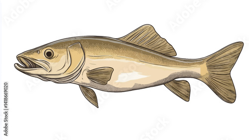 A detailed vector illustration of a fish, rendered in a golden hue with subtle variations in tone to suggest texture and form.  The fish is presented in a side profile view
