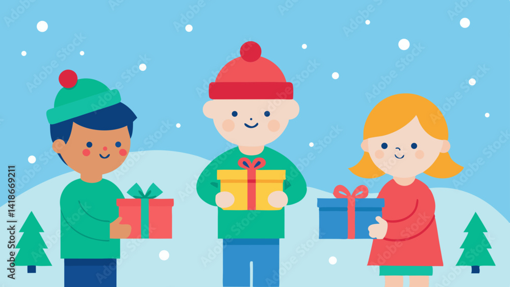 Christmas Background with Cartoon Children Opening Presents Art Christmas Background with Cartoon Children Opening Presents Art