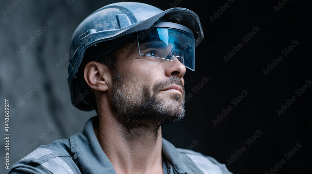 Fototapeta premium focused industrial worker wearing protective helmet and augmented reality headset, engaged in monitoring tasks in dark environment, showcasing dedication and professionalism