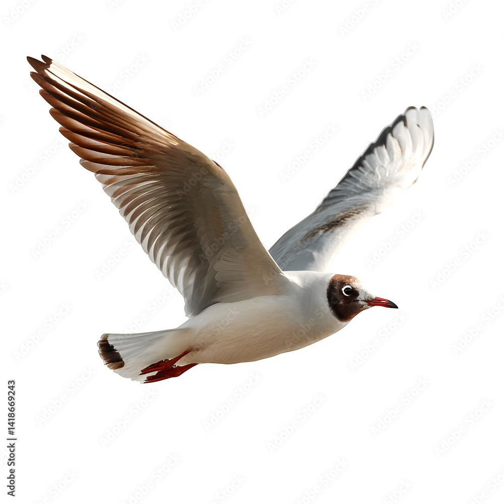 Obraz premium Common Black-headed Gull in flight isolated on white, Larus ridibundus, birds of Montenegro --v 7.0