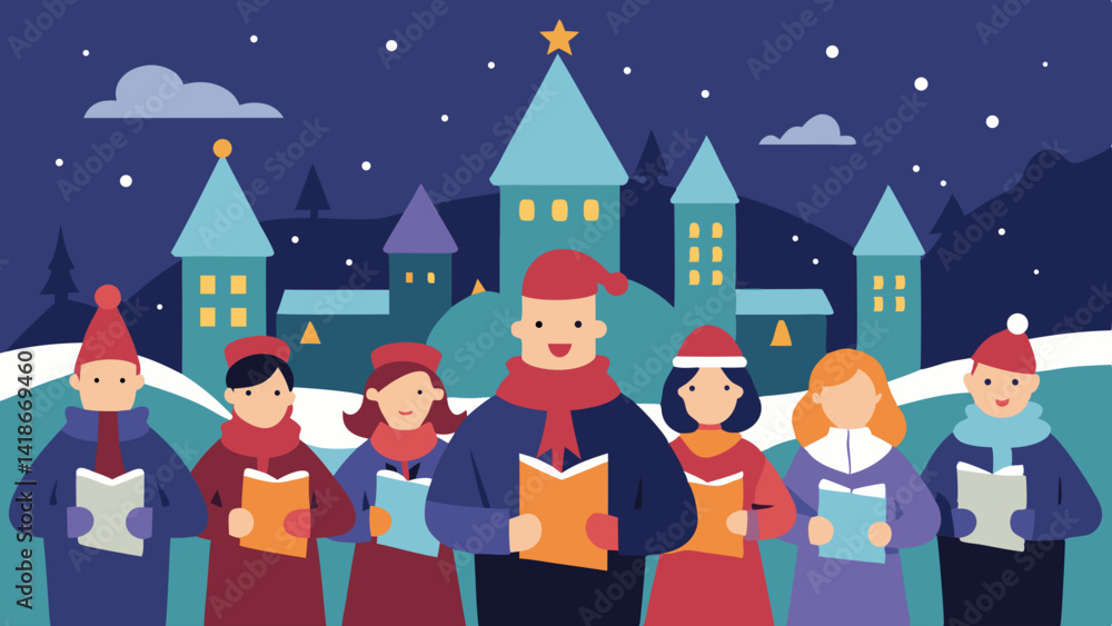 Naklejka premium Christmas Choir Singing in Snowy Town Square Scene