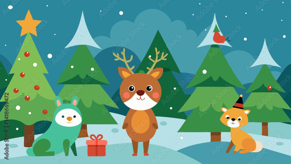 Christmas Cartoon Forest Background with Playful Animals Christmas Cartoon Forest Background with Playful Animals