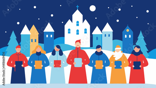Christmas Choir Singing in Snowy Town Square Illustration