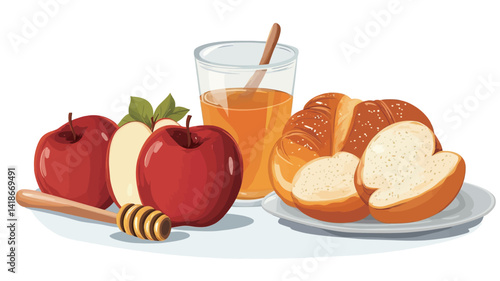 A digital illustration depicts a still life composition featuring two ripe red apples with visible highlights and shadows suggesting a smooth skin texture.