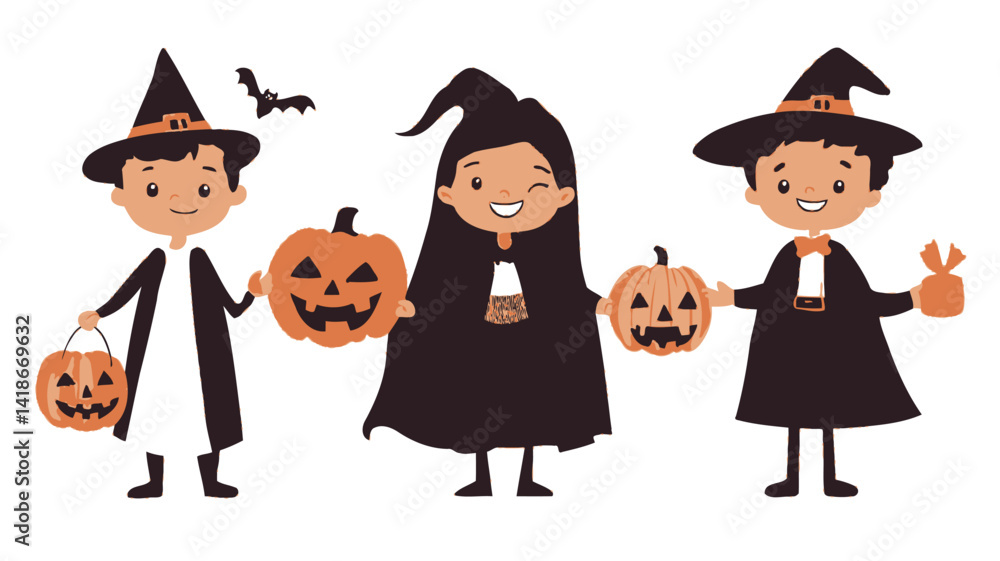 A digital illustration showcases three children, each dressed in a distinct Halloween costume. Two are depicted in classic witch costumes, complete with pointed black hats, long black robes A digital illustration showcases three children, each dressed in a distinct Halloween costume. Two are depicted in classic witch costumes, complete with pointed black hats, long black robes
